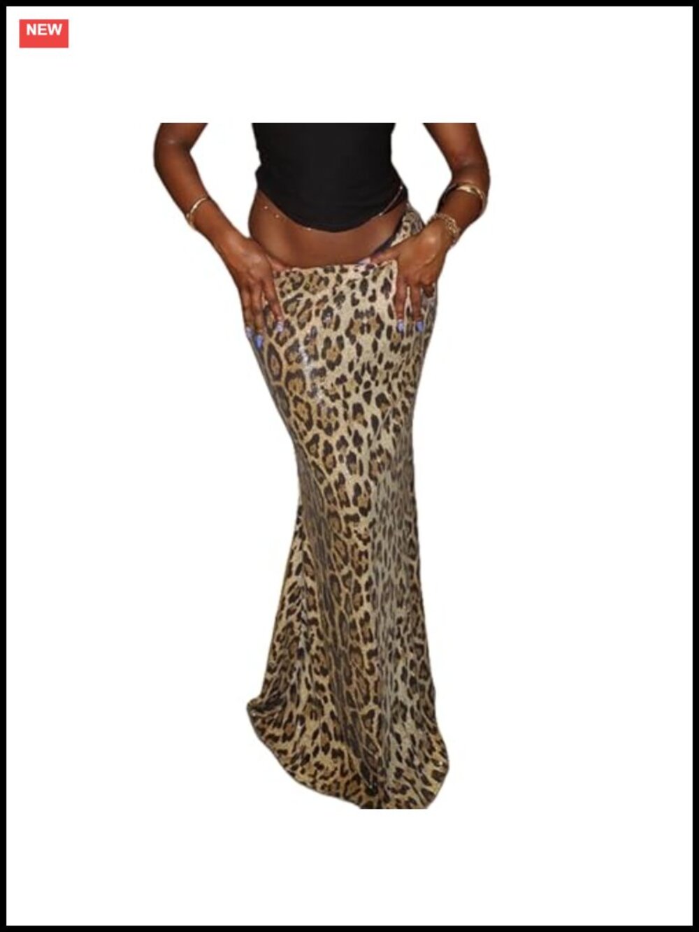 Sequin Leopard Print Maxi Skirt Elastic Fishtail Long Skirt Cheetah Club Night